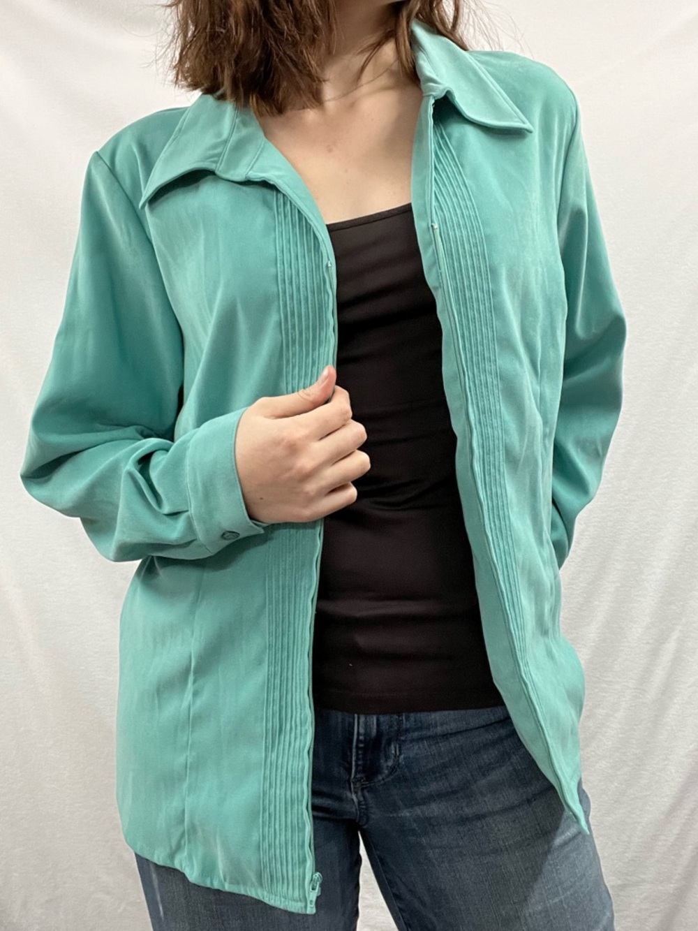 Denim&Co Teal Pleated Front Button-Down Shirt